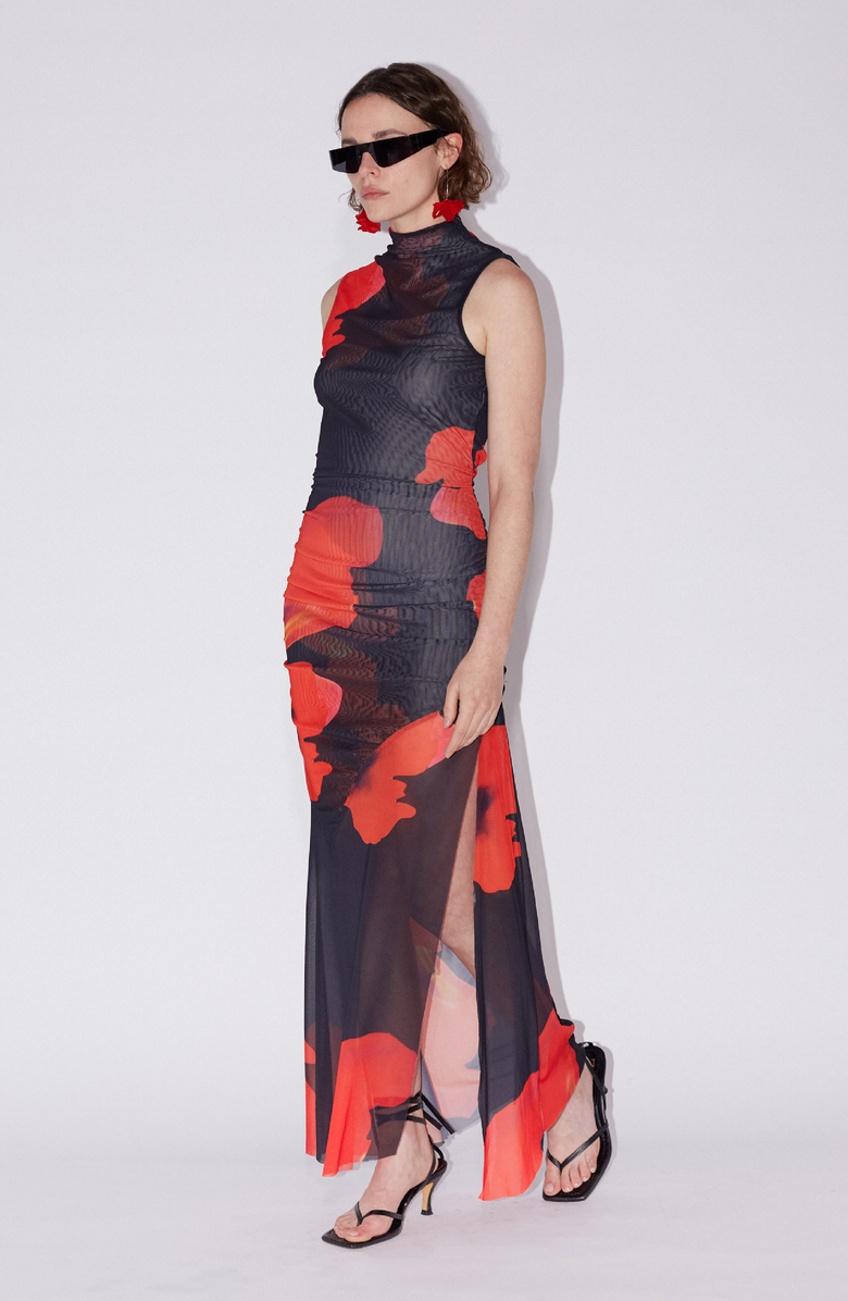 SAEMDI Floral Printed Mesh Dress, Alternate, color, Red / Black Floral