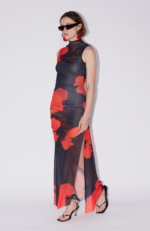 Saemdi Floral Printed Mesh Dress In Black
