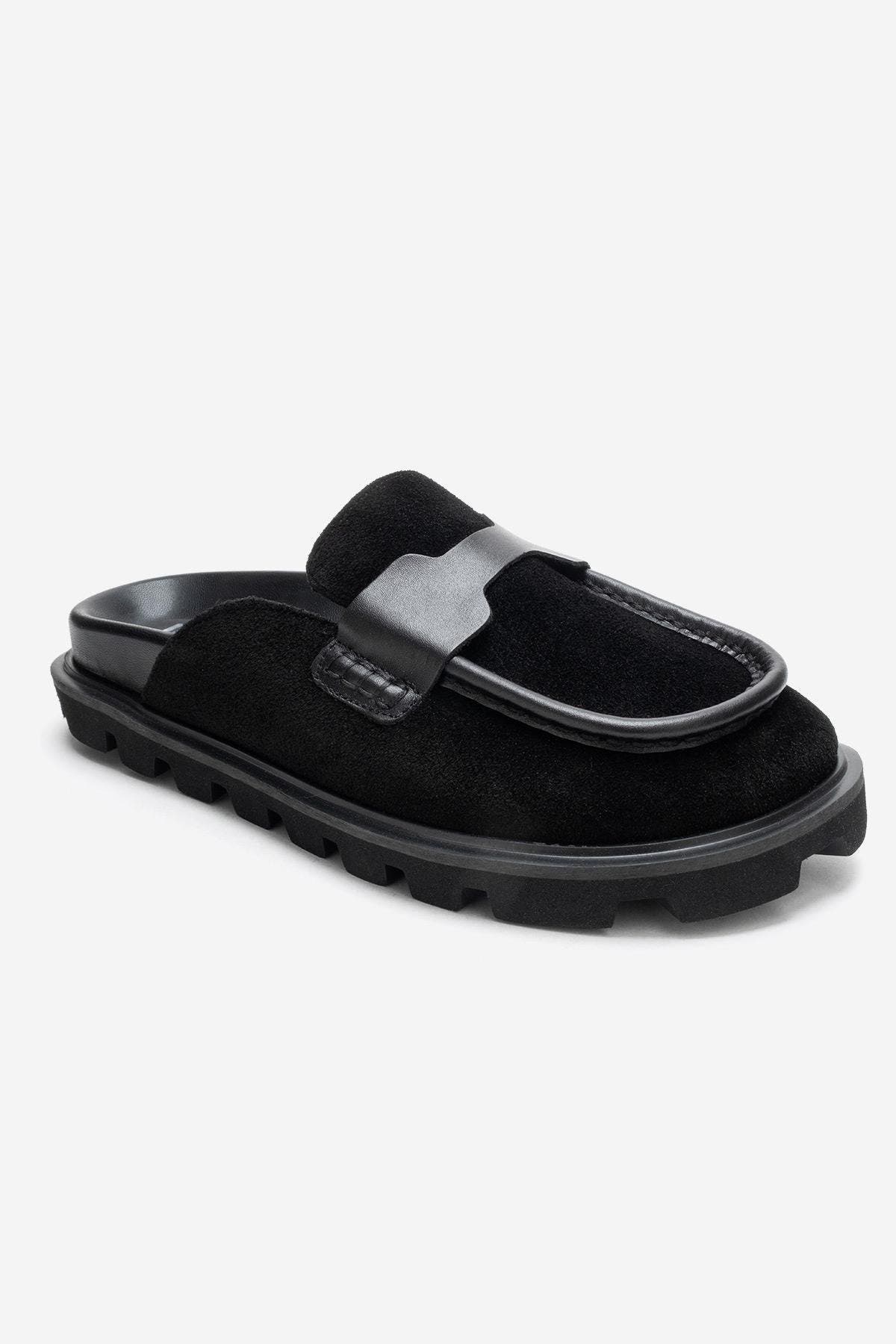 Vela Leather Slipper, Alternate, color, Black Suede
