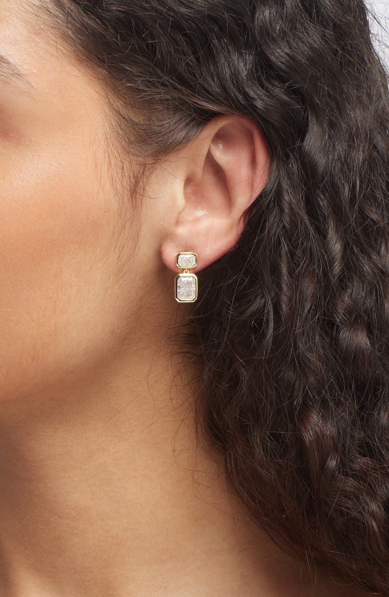 Shashi Emerald Cut Cubic Zirconia Double Drop Earrings, Alternate, color, Gold