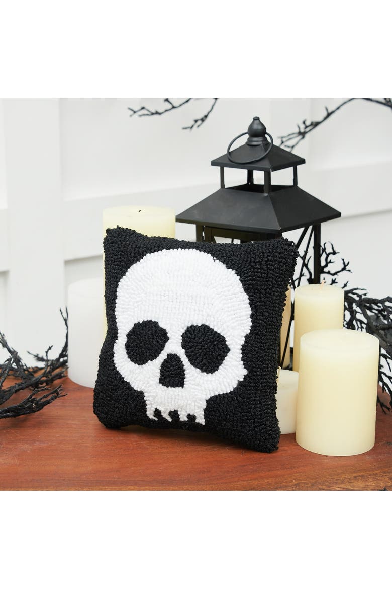 Skull Skeleton Hooked Petite Halloween Accent Pillow 8", Alternate, color, Black