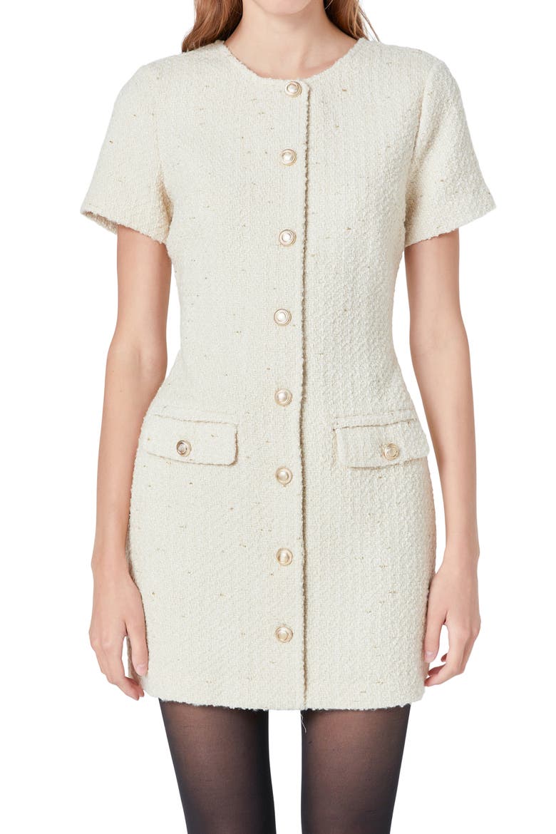Button Tweed Minidress, Alternate, color, IVORY