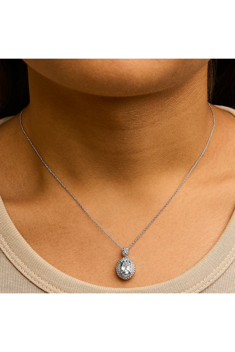 Silver Oval Blue Topaz and Diamond Accent with Beaded Halo Pendant Necklace, Alternate, color, White