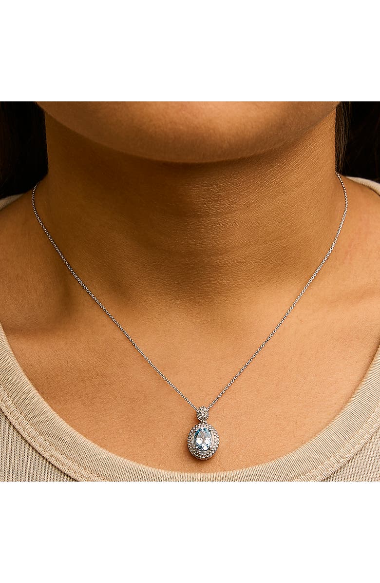 Haus of Brilliance Silver Oval Blue Topaz and Diamond Accent with Beaded Halo Pendant Necklace, Alternate, color, White