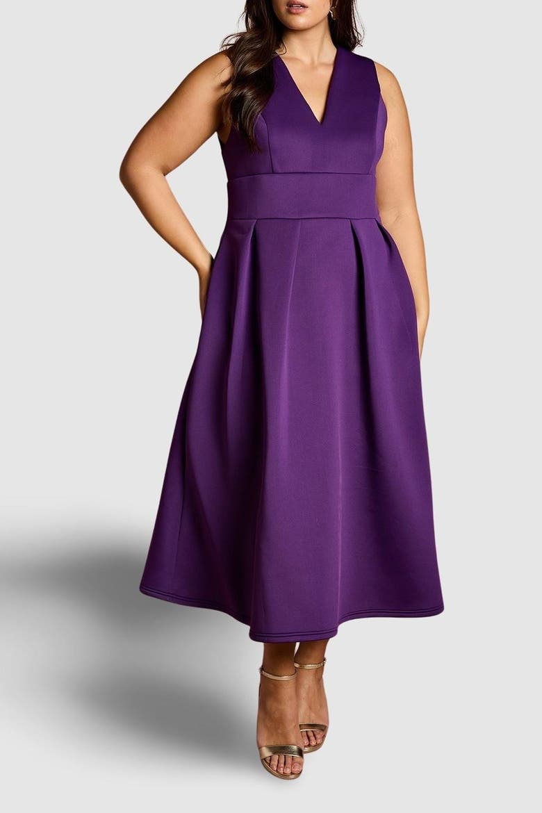 Plus V-Neck Plunge Midi Dress, Alternate, color, Purple