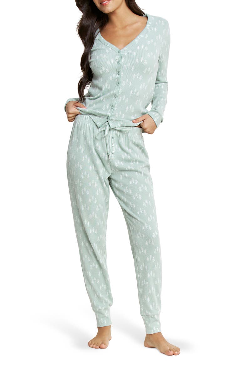 Cabin Comfort Long Pajamas, Main, color, AQUA ICE/ MINT TREES