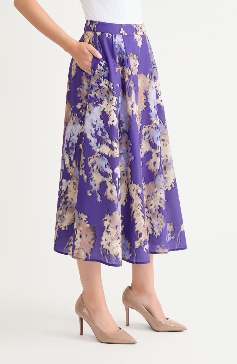 Misook Floral Print Crêpe de Chine Midi Skirt, Alternate, color, Purple Multi