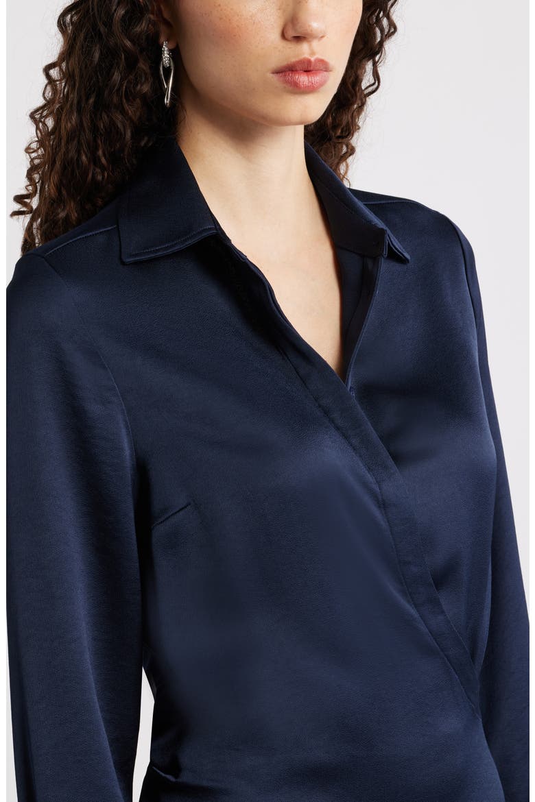Long Sleeve Faux Wrap Satin Shirtdress, Alternate, color, NAVY NIGHT
