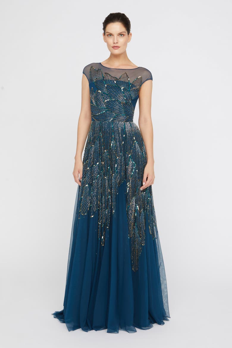 Ava Beaded Cap Sleeve Bateau Neck Sequin Gown, Alternate, color, Aquamarine