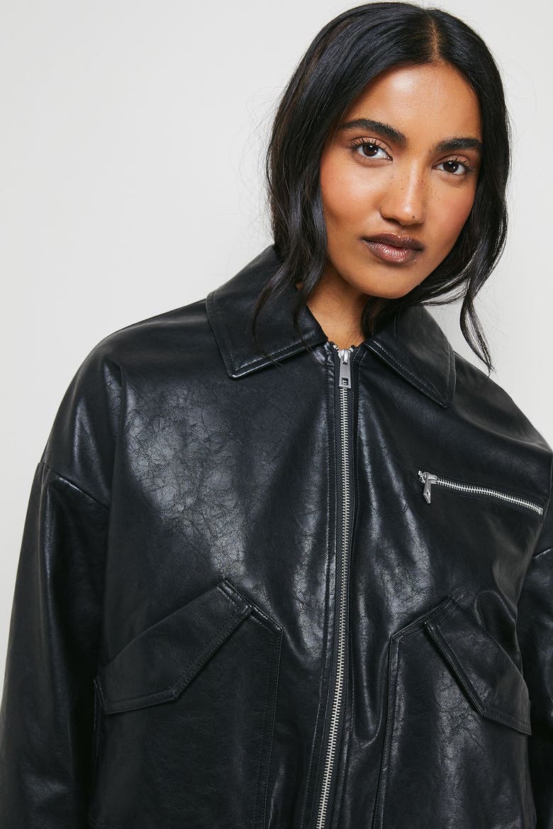 Faux Leather Distressed Bomber Jacket, Alternate, color, Black