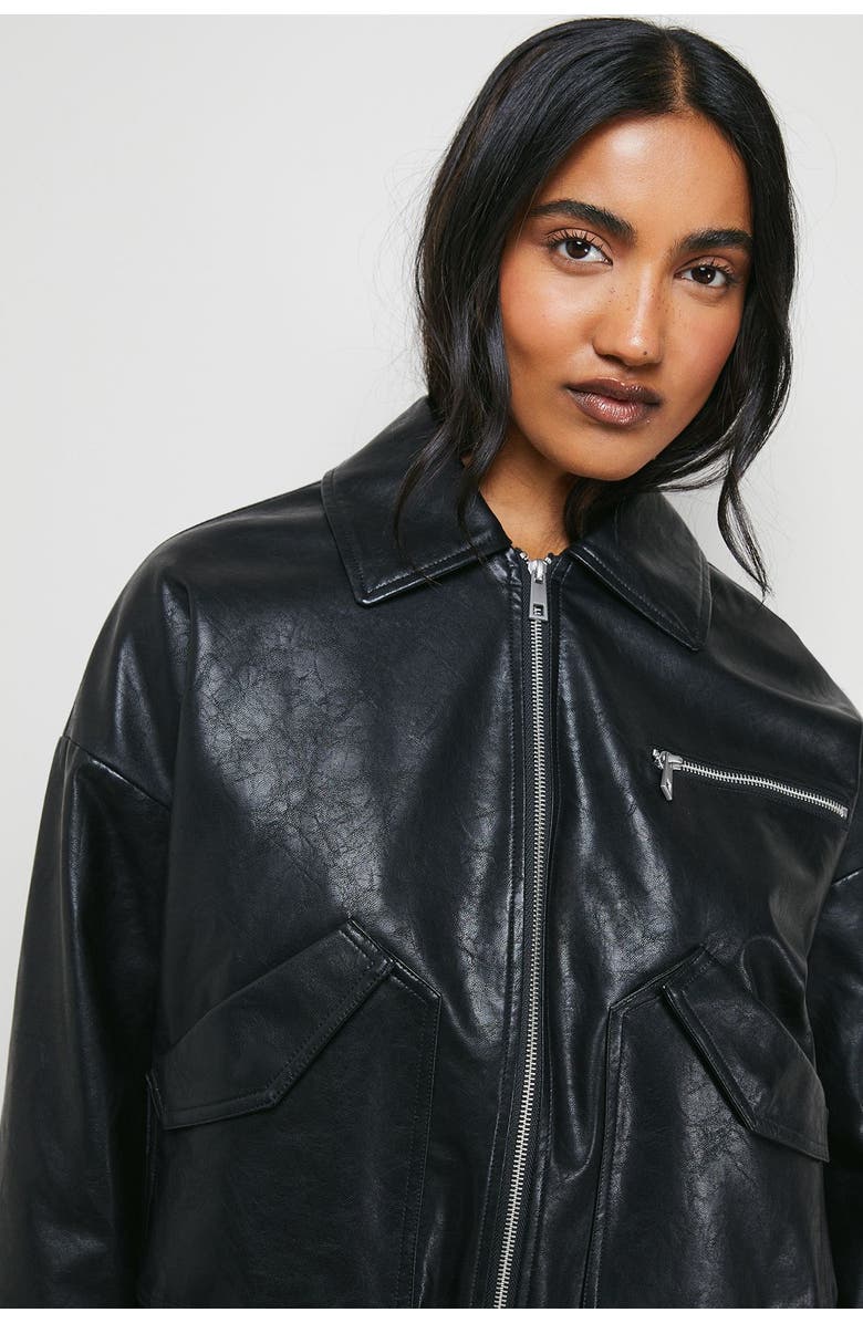 Warehouse Faux Leather Distressed Bomber Jacket, Alternate, color, Black