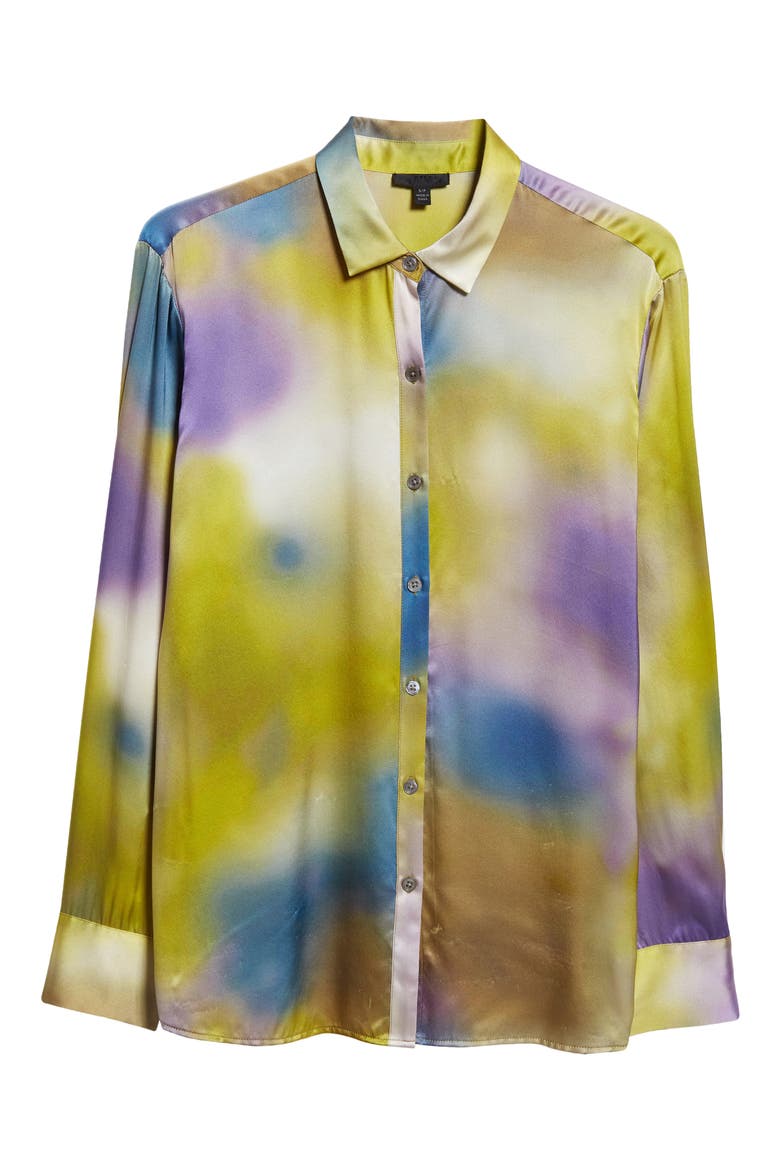 Watercolor Print Silk Charmeuse Button-Up Shirt, Alternate, color, WATERCOLOR PRINT