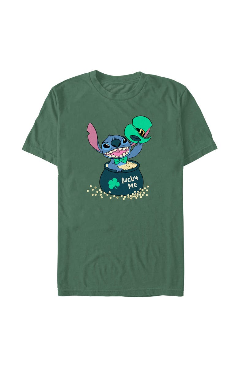 Lilo & Stitch Men's Lilo & Stitch St. Patrick's Day Stitch Lucky Me Pot of Gold Graphic T-Shirt, Alternate, color, Light Green