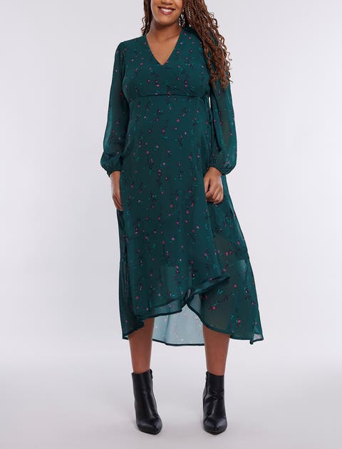 Puff Sleeve Ruffle Midi Maternity Dress