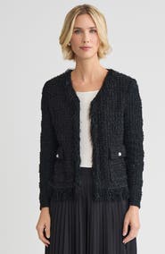 Misook Tailored Eyelash Fringe Trim Knit Jacket