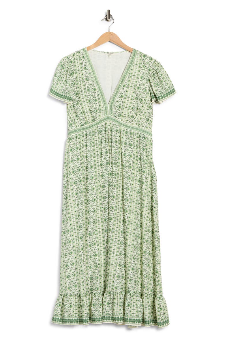 Flutter Sleeve V-Neck Dress, Alternate, color, CREAM/ LEAF DEMASK