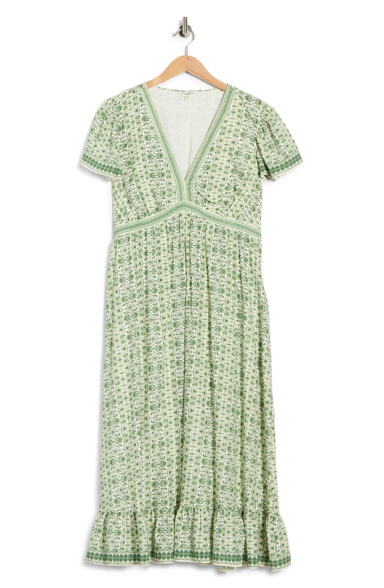 MAX STUDIO Flutter Sleeve V-Neck Dress, Main, color, Cream/ Leaf Demask