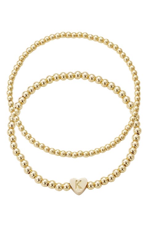 Initial Heart Charm Beaded Chain Bracelet Set