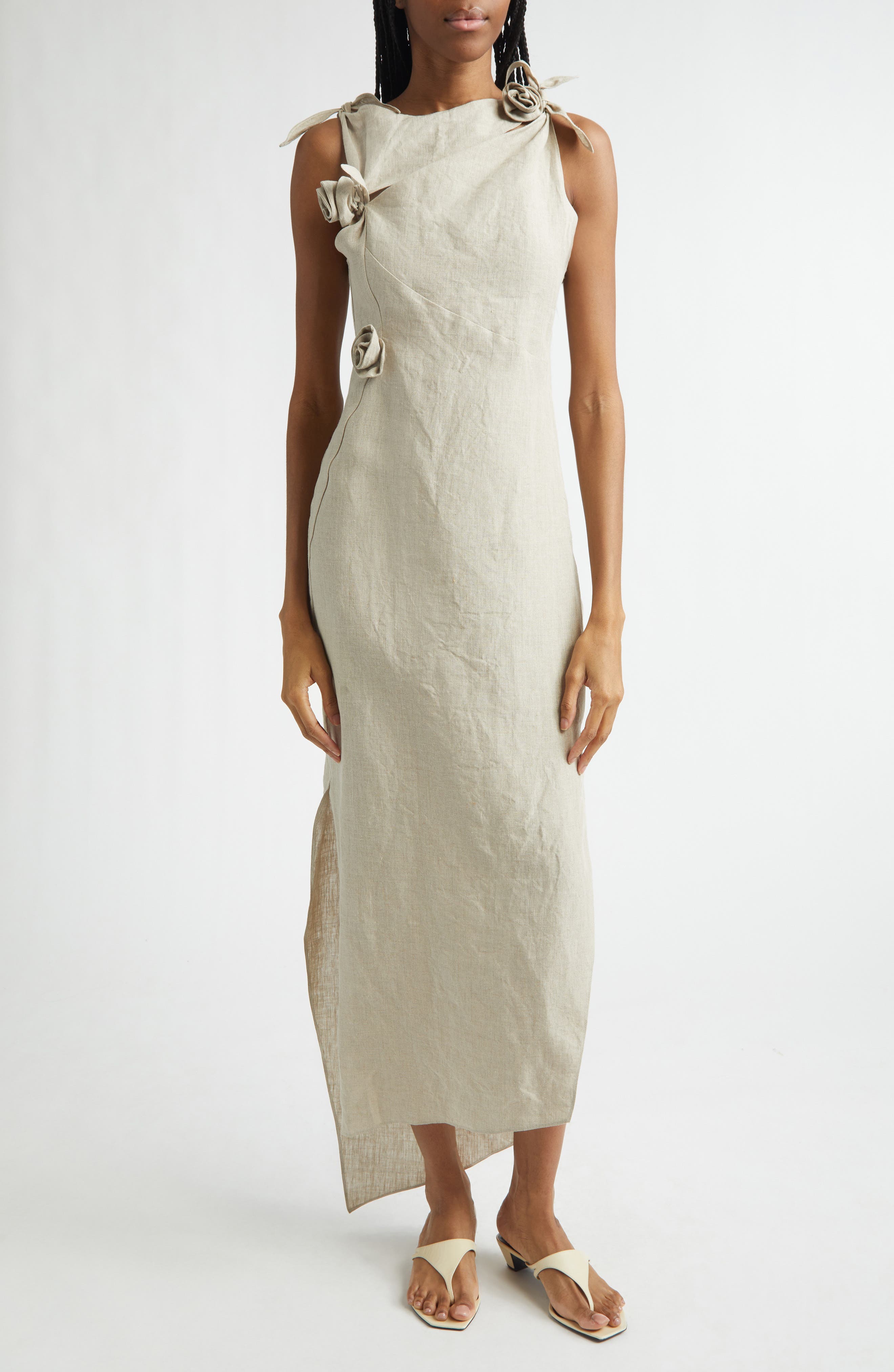 Rosette Cutout Asymmetric Linen Gown