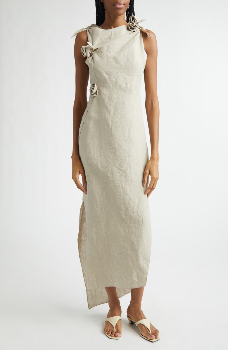 Coperni Rosette Cutout Asymmetric Linen Gown, Main, color, Beige Bei
