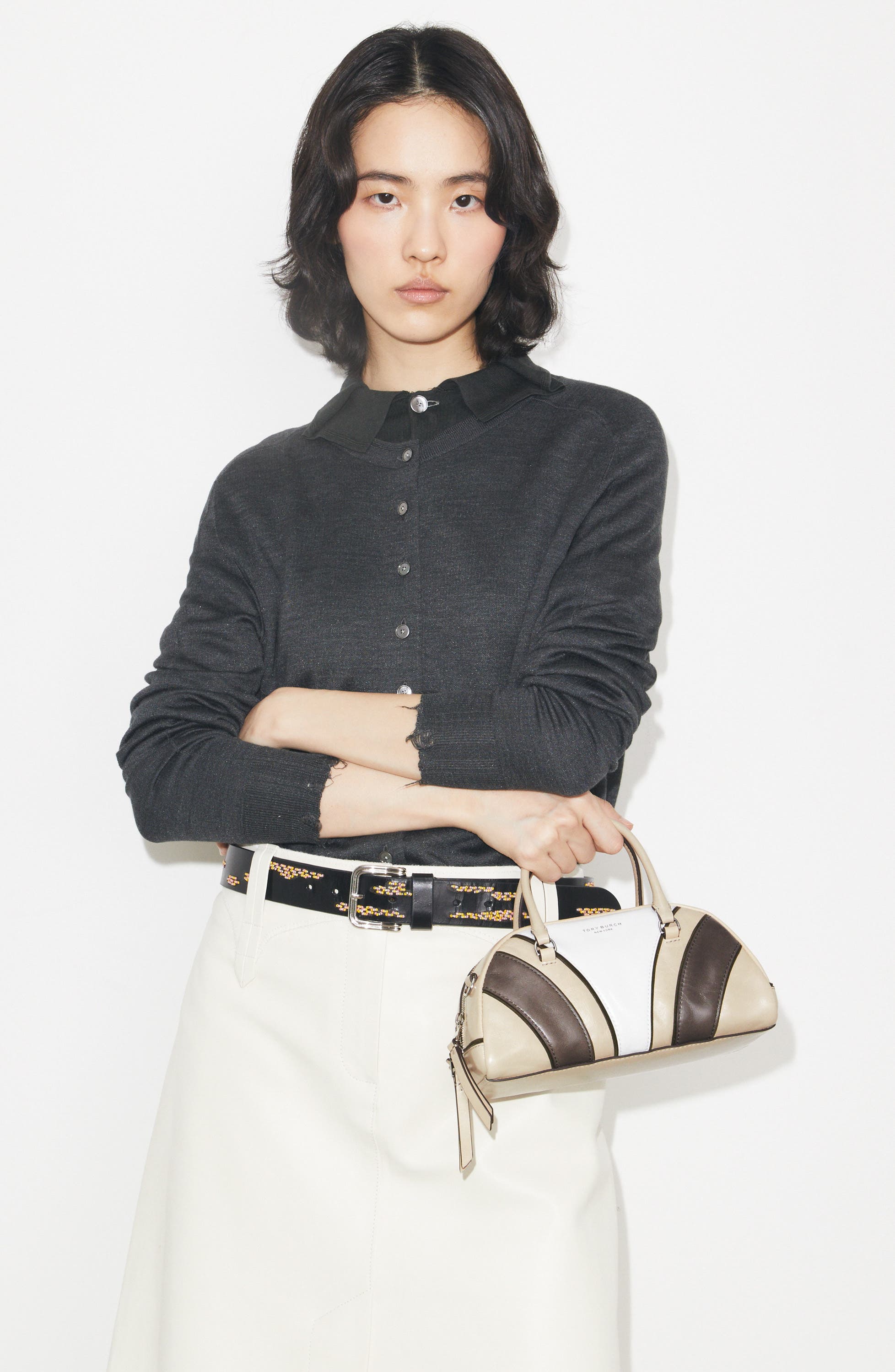 Tory Burch Small Moto Quilt Leather Bowler Top Handle Bag, Alternate, color, Beige Multi