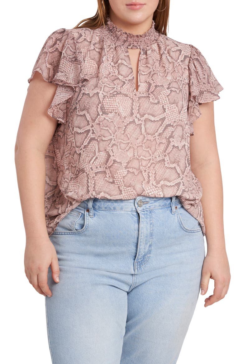 Keyhole Flutter Sleeve Blouse, Main, color, SILKY SNAKE