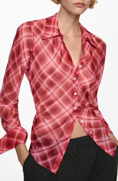 TORY BURCH Red buy Pink Blue Sondra Printed Plaid Crewneck Top