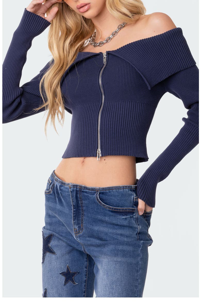 Double Zip Fold Over Off the Shoulder Crop Sweater, Alternate, color, BLUE