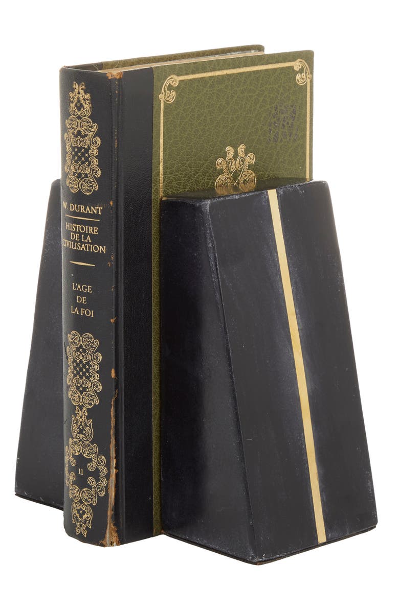 WILLOW ROW Black Marble Block Geometric Bookend with Goldtone Inlay - Set of 2, Alternate, color,