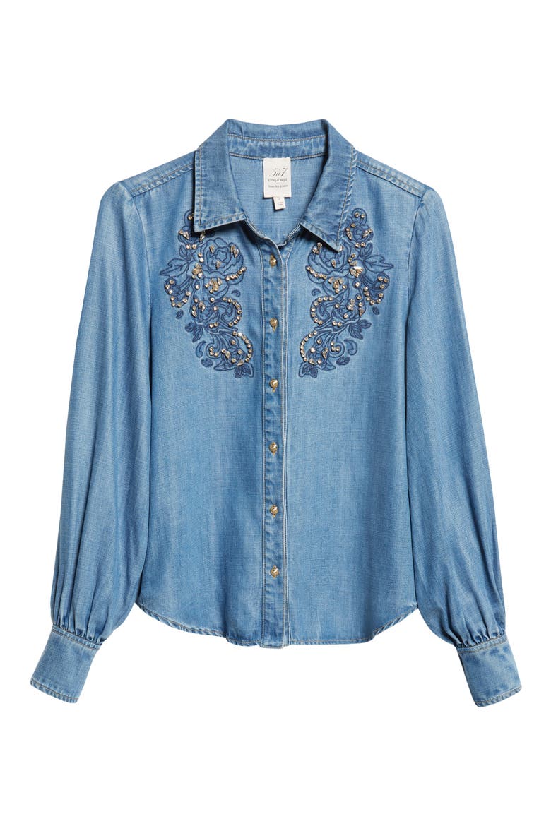 Rhinestone Detail Denim Button-Up Shirt, Alternate, color, CIEL