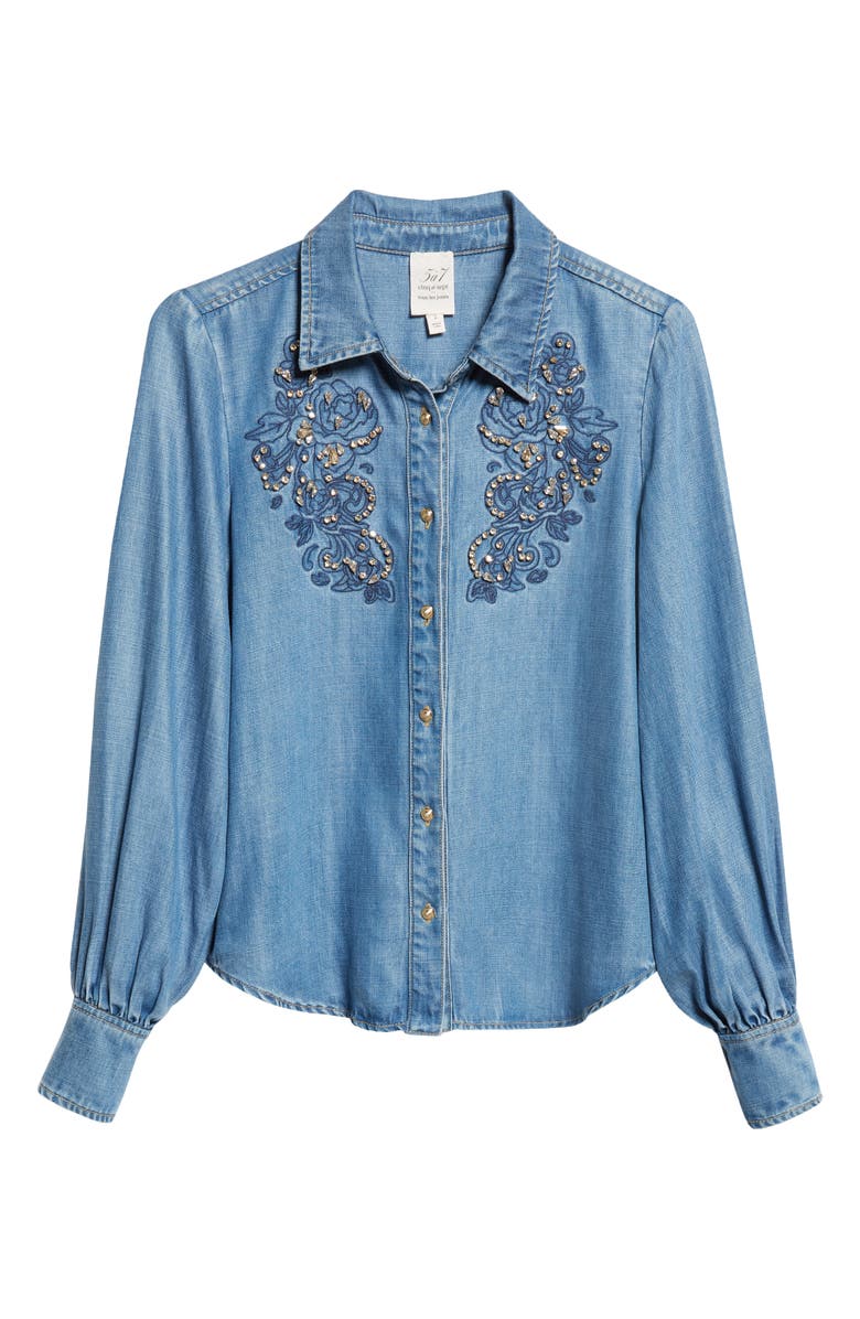 Cinq à Sept Rhinestone Detail Denim Button-Up Shirt, Alternate, color, Ciel