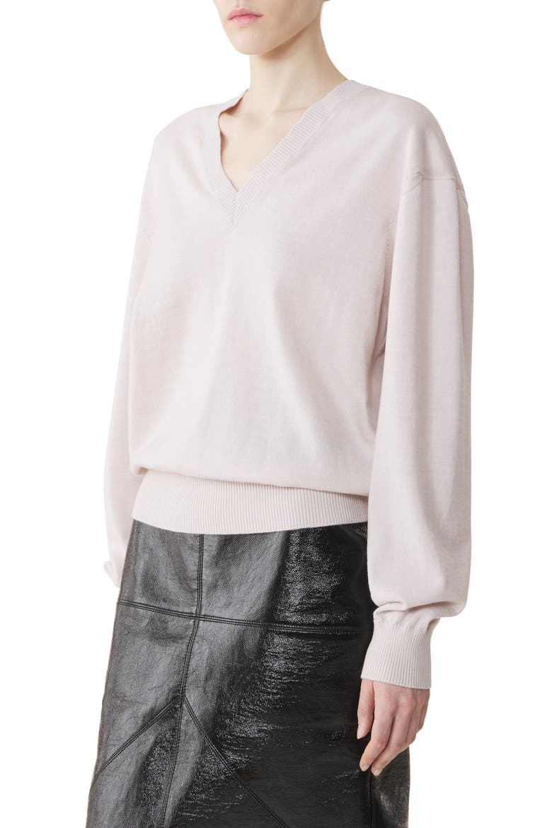 V-Neck Merino Sweater With Grosgrain Detail, Alternate, color, White
