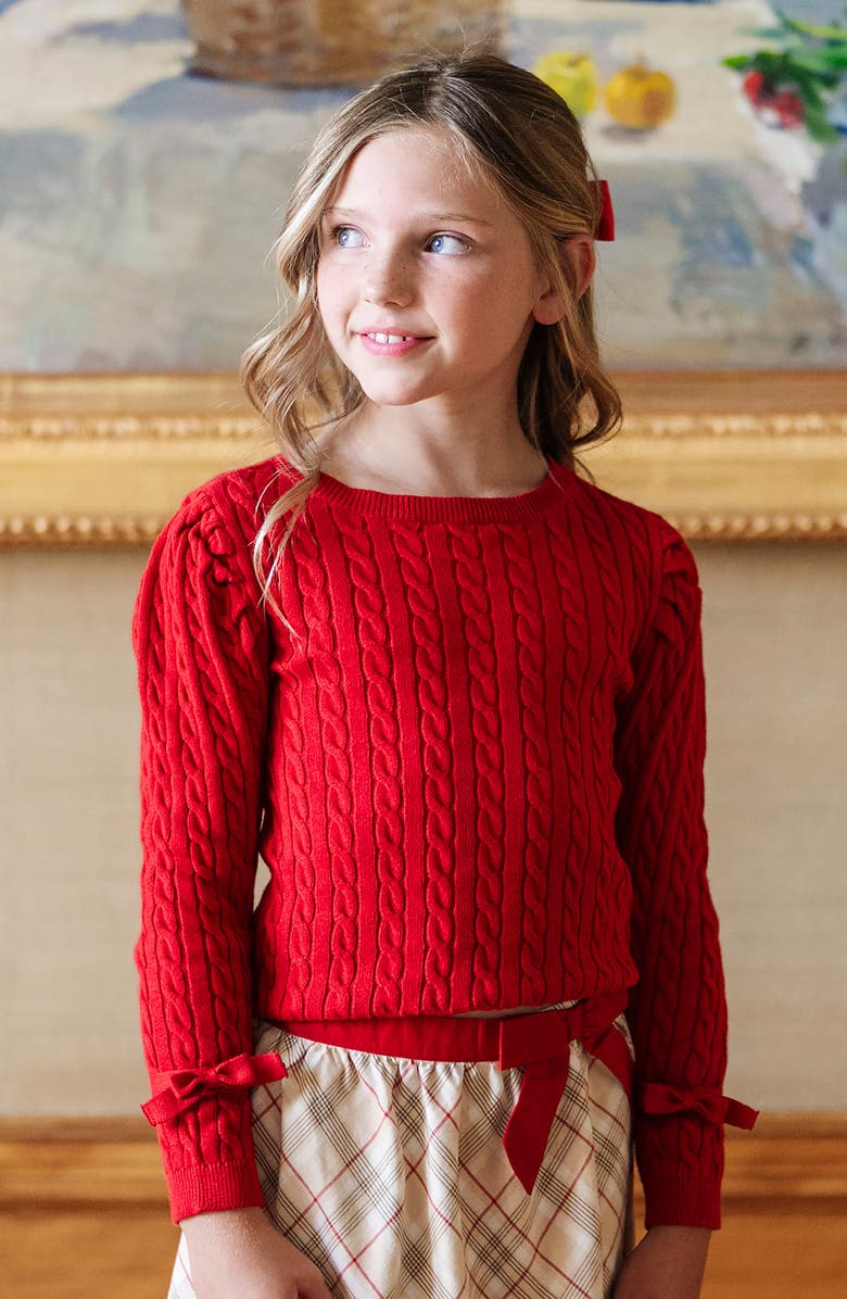Hope & Henry Organic Long Puff Sleeve Sweater with Bow Detail, Alternate, color, Red Cable