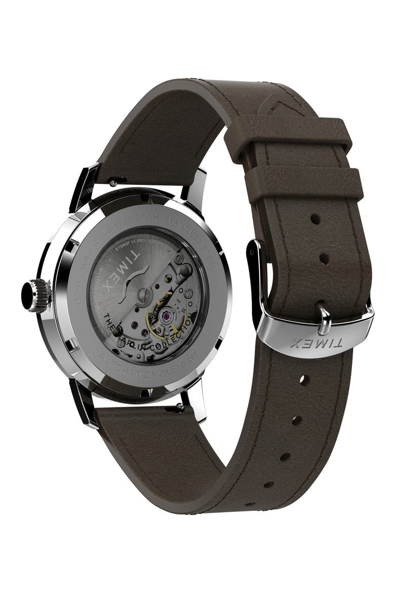Marlin Automatic Leather Strap Watch, 40mm, Alternate, color, SILVER/ BLUE/ BROWN