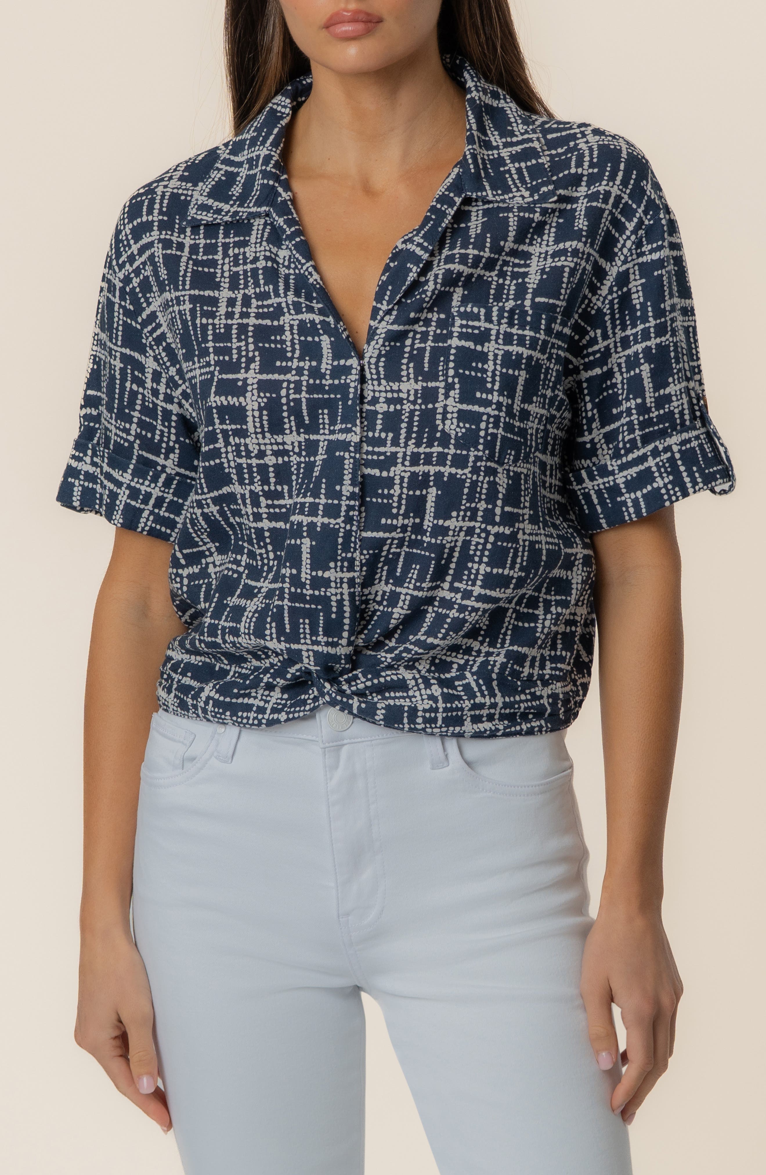Rebel Printed Knot Front Linen Blend Top - image 5