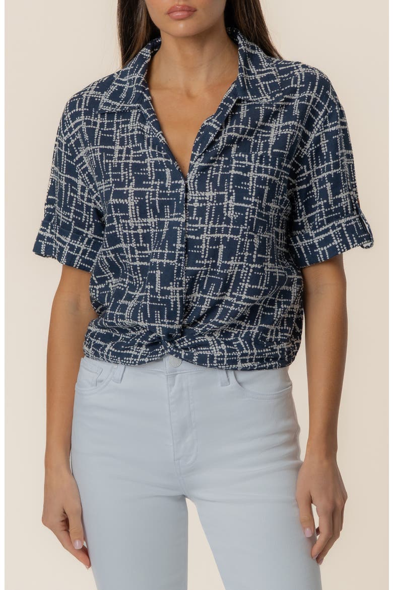 Rebel Printed Knot Front Linen Blend Top, Main, color, LEEDS NAVY/IVORY