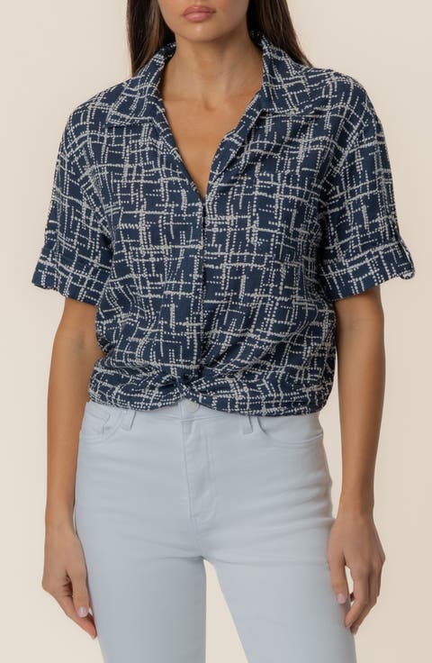 Rebel Printed Knot Front Linen Blend Top