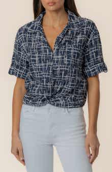 Rebel Printed Knot Front Linen Blend Top