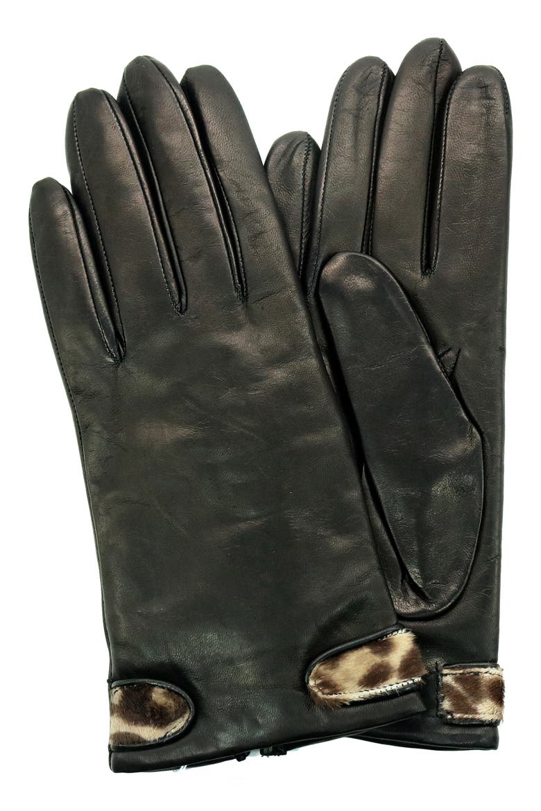 Genuine Calf Hair Trim Leather Gloves, Main, color, BLACK/ OCELOT