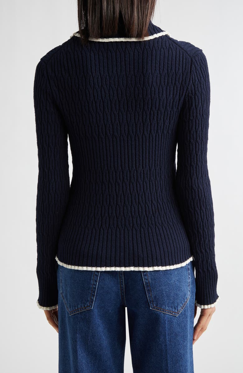 EENK Contrast Trim Pointelle Cable Knit Cardigan, Alternate, color, Navy