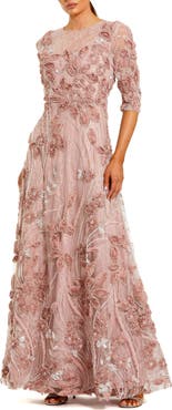Mac Duggal Women's High Neck Embellished Lace Gown with 3/4 Sleeves