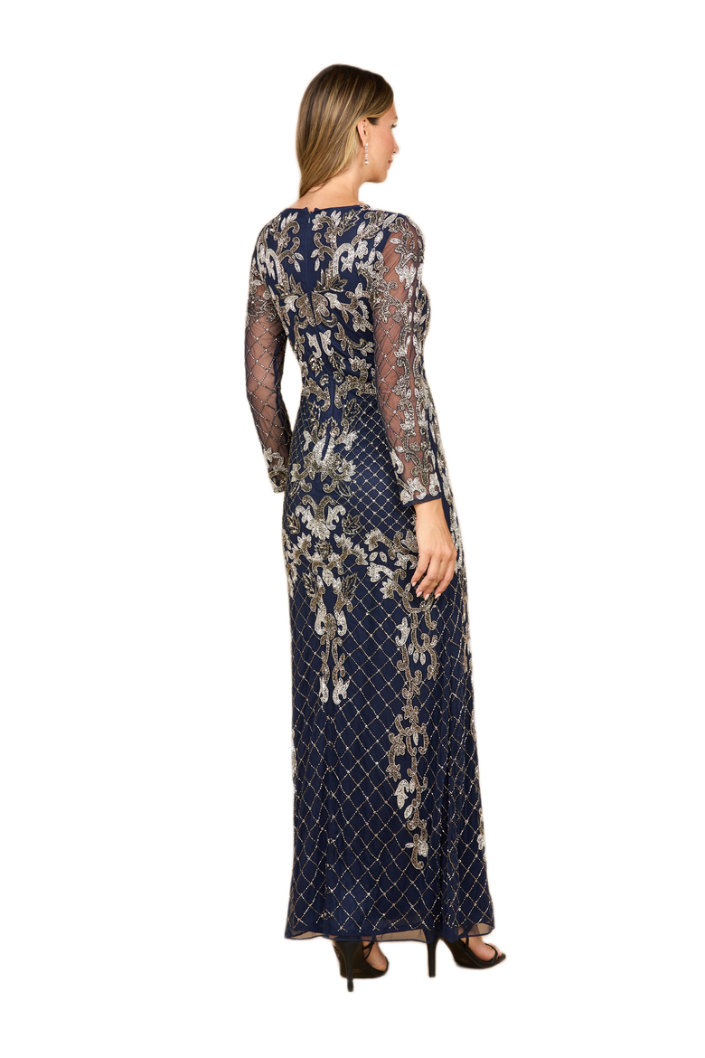 Long Sleeve Contrast Beaded Gown, Alternate, color, Navy