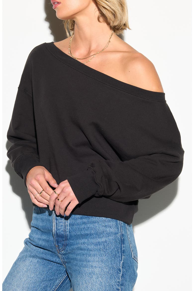 La Vida Off the Shoulder Cotton French Terry Sweatshirt, Alternate, color, BLACK
