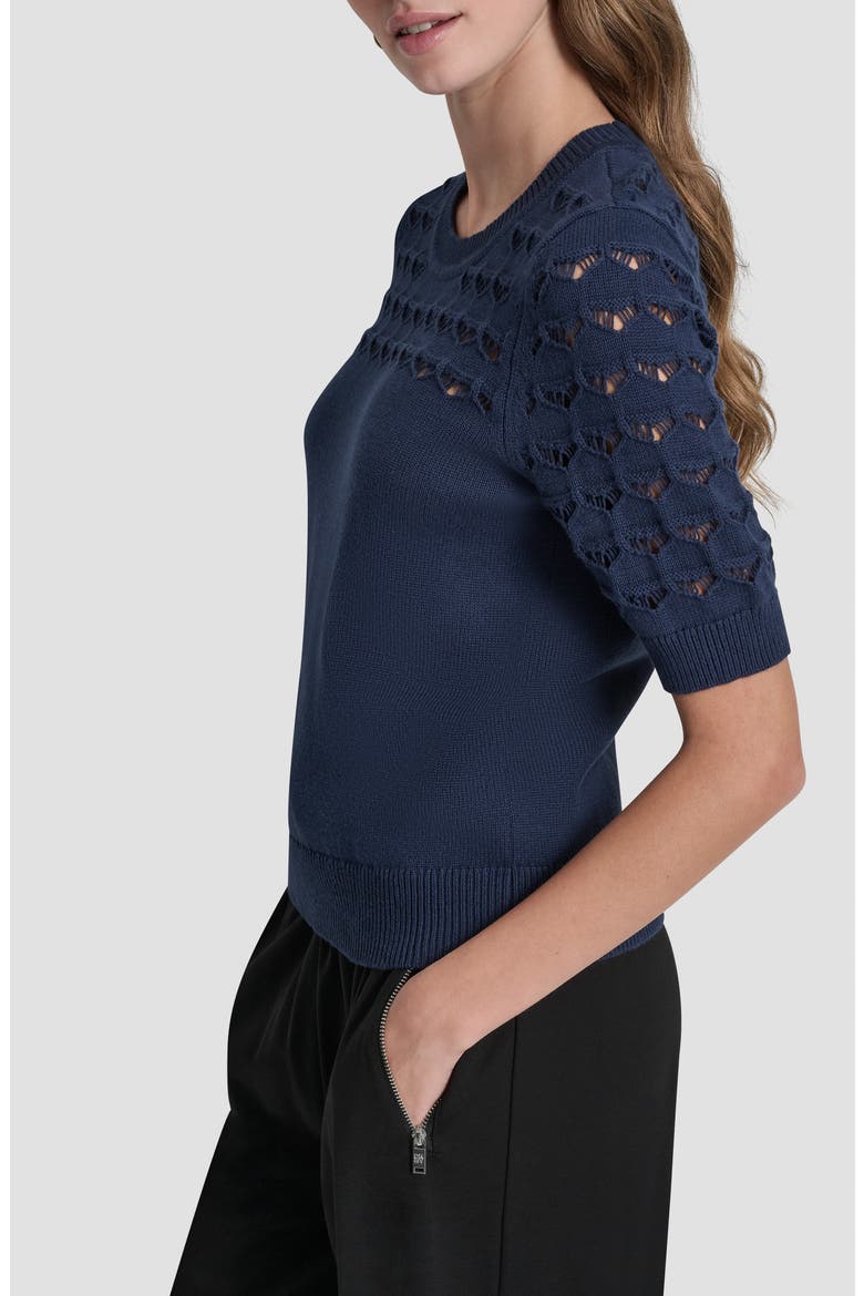 Pointelle Yoke Sweater, Alternate, color, HUDSON BLUE