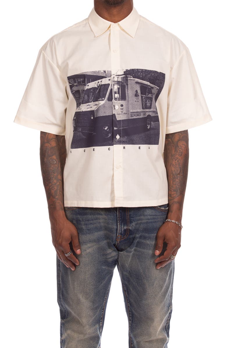 ICECREAM Truck Graphic Short Sleeve Button-Up Shirt, Main, color, Antique White