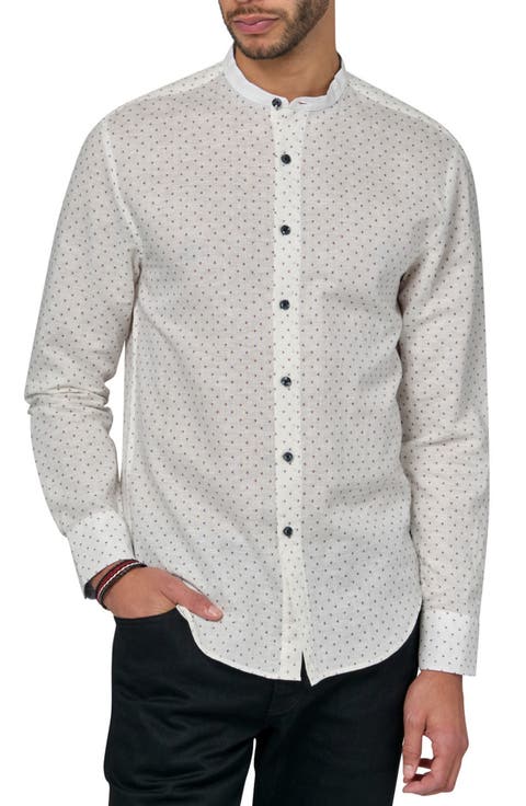 Slim Fit Geo Linen Cotton Banded Collar Long Sleeve Shirt