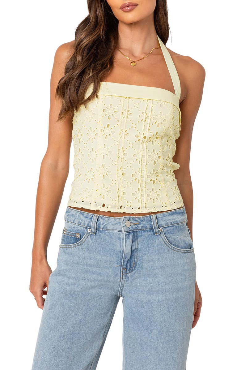 EDIKTED Eyelet Embroidered Halter Top, Main, color, 