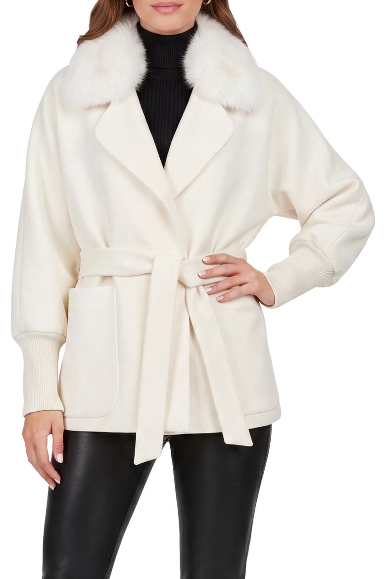 Fabric Jacket with Detachable Genuine Shearling  Collar, Belt, Alternate, color, IVORY