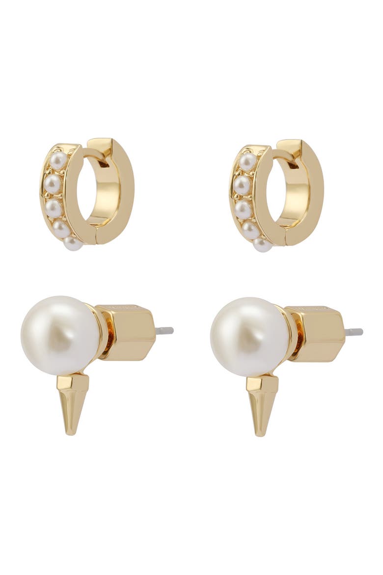 Set of 2 Faux Pearl Stud & Huggie Hoop Earrings, Alternate, color, GOLD/ PEARL
