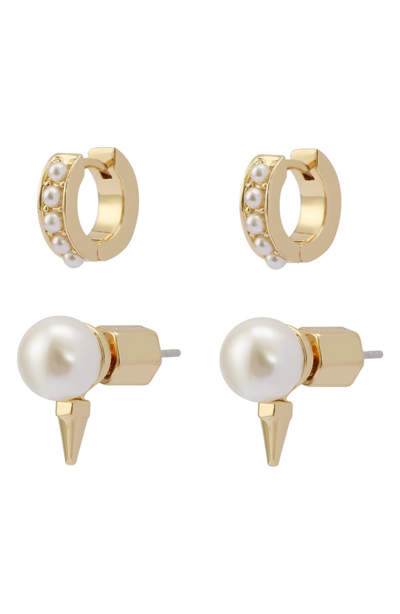 AllSaints Set of 2 Faux Pearl Stud & Huggie Hoop Earrings, Alternate, color, Gold/ Pearl